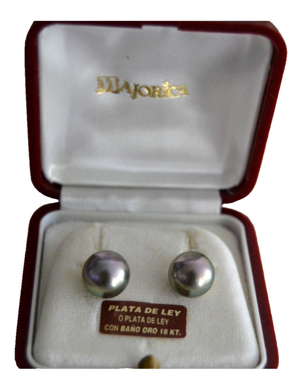 Vtg MAJORICA Sterling Silver 18K Gold Plating Gray Pearl Stud Earrings Box SPAIN